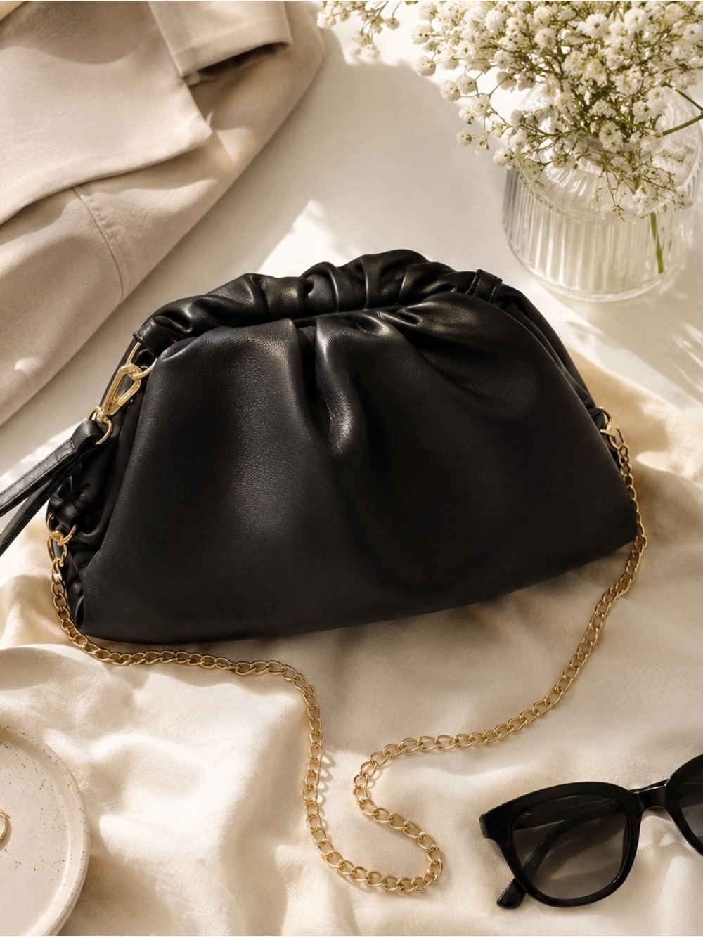 NWOT Understated Leather Black Puffy Clutch Bag w/ Chain Strap w dust bag